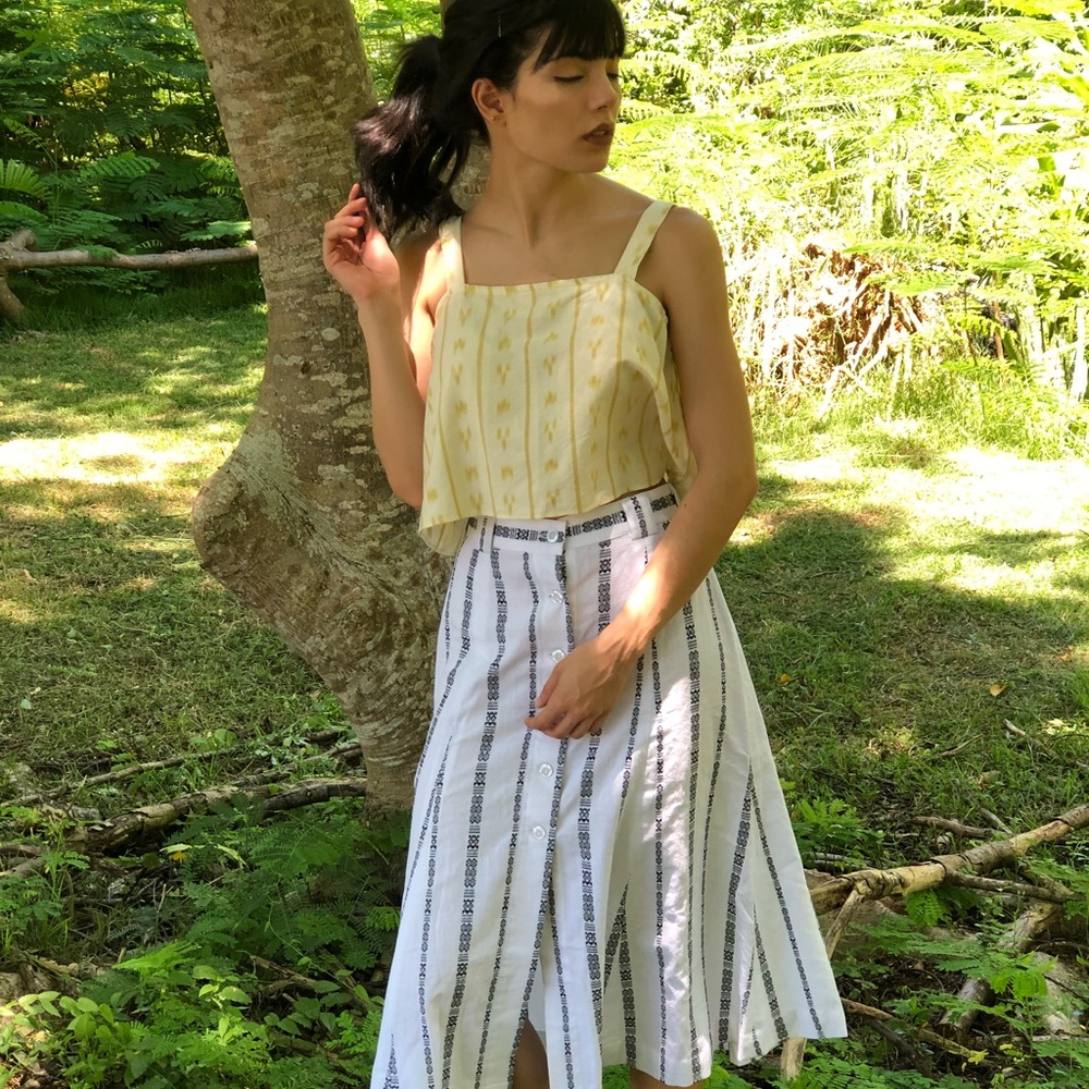 Carlie Ballard Black and White Stripe Print Cotton Midi Skirt